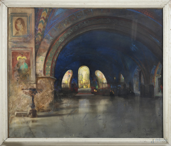 Dante Ricci (1879-1957), Interno di chiesa, tecnica mista su carta, cm 78,5x93, firmato e iscritto in basso a destra, entro cornice, (segni di usura, tracce di umidità, lacerazioni, restauri, difetti)