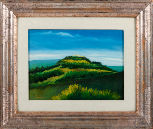 Resti etruschi presso Civita, olio su tela, XX secolo, firmato in basso a sinistra, cm 53x62,5 