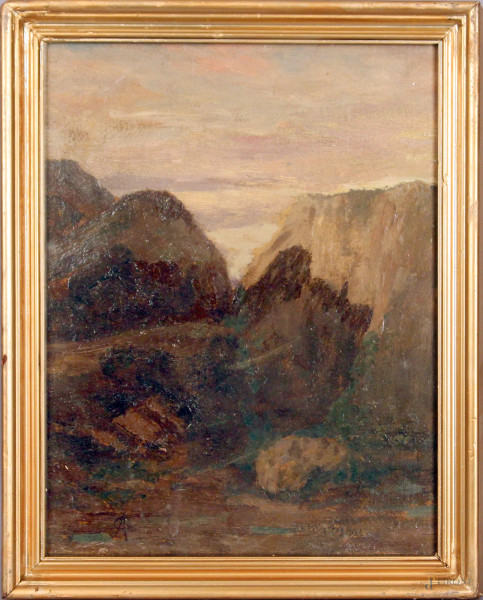 Paesaggio, olio su cartone, cm. 34x26, firmato entro cornice.