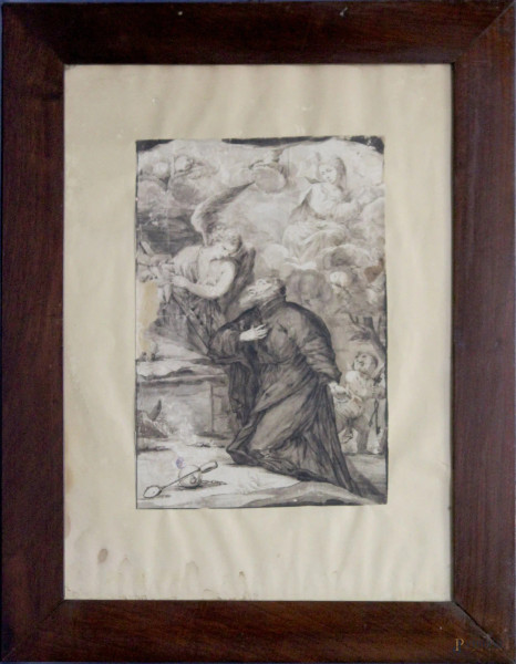 San Leonardo, disegno a tecnica mista su carta, 32x21,5 cm, XVIII sec, entro cornice.