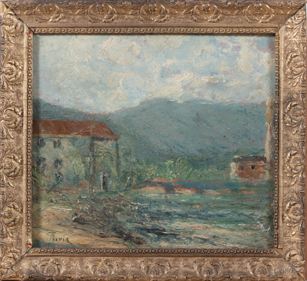 Paesaggio con case, XX secolo, olio su compensato, cm 23x27, firmato in basso a sinistra, entro cornice, (segni di usura, difetti)