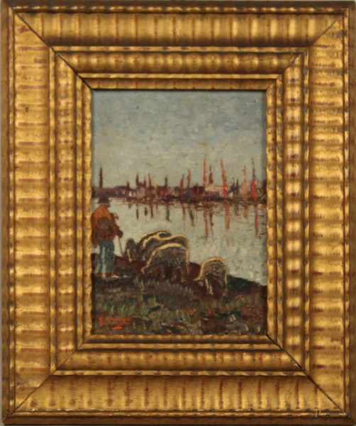 Carlo D'Aloisio da Vasto - Sul fiume, olio su cartone, cm. 23,5x17,5, entro cornice.