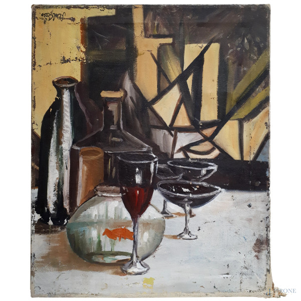 Artista post-cubista del XX secolo, Composizione con bicchieri e bottiglie, olio su tela, cm 50x40