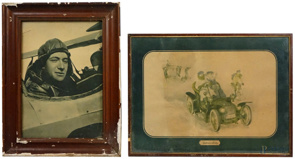 Lotto composto da una fotografia di Baracchini Flavio Torello ed una stampa di automobile d'epoca, misure max cm 34x45, XX secolo, entro cornici.