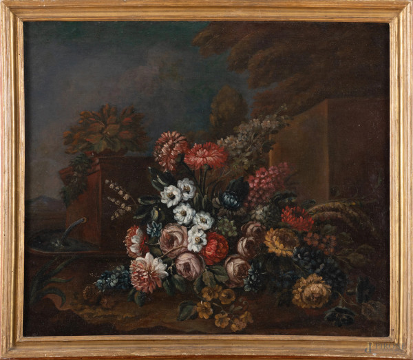 Natura morta, XX secolo, olio su tela, cm 66x77, entro cornice, (segni di usura, abrasioni)