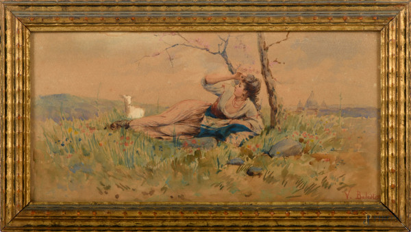 Fanciulla distesa in paesaggio, fine del XIX secolo - inzio del XX secolo, acquerello su carta firmato in basso a destra, cm 17x34, entro cornice(difetti)