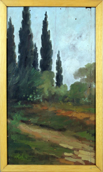 Paesaggio con alberi, olio su tavola, cm. 35x20, firmato Bruschetti.