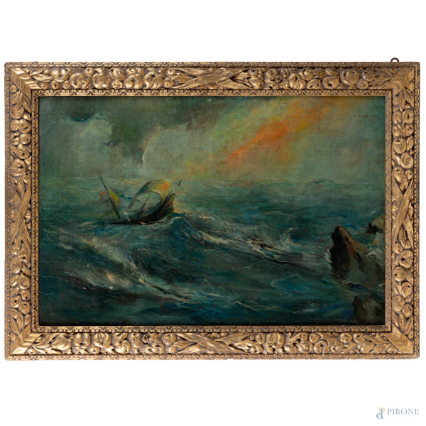 Mare in tempesta, XX secolo, olio su tela, cm 80x120, entro cornice, (segni di usura, abrasioni, piccole cadute di colore)