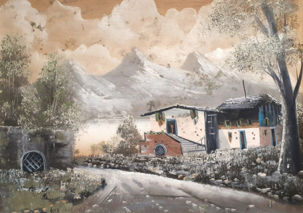 Paesaggio con strada, Case e monti sullo sfondo, olio su tela applicata su cartone, cm 50x70, opera degli anni 60