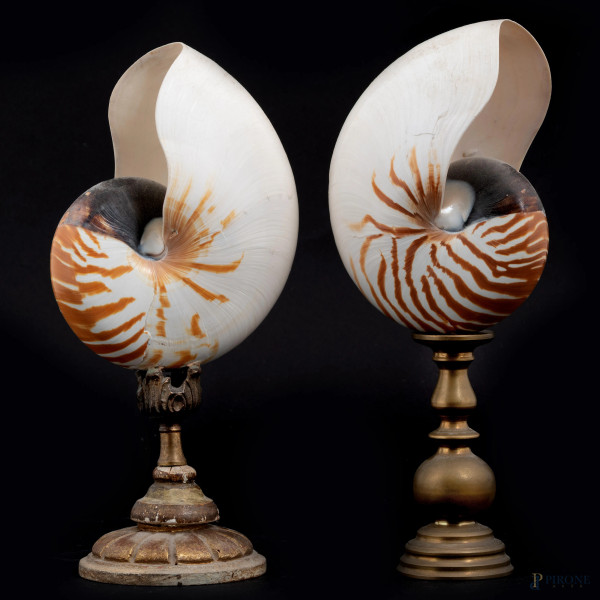 Coppia di elementi decorativi in legno e metallo con applicazione di conchiglia, XX secolo, altezza massima cm 31, (segni di usura, rottura, difetti)