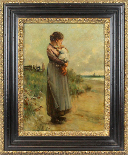 Maternità, olio su tela, cm 38,5x28,5, fine XIX-inizi XX secolo, entro cornice.