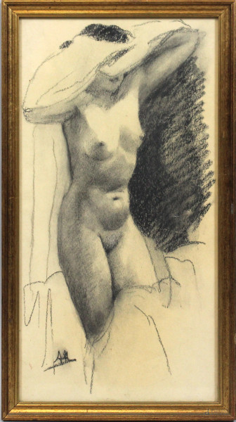 Arnaldo Malpieri - Nudo di donna, disegno a carboncino su carta, cm 41x22, entro cornice
