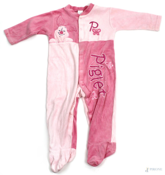 Disney, tutina intera da bambina rosa a maniche lunghe con scritta e dettagli ricamati, taglia 9-12 mesi.
