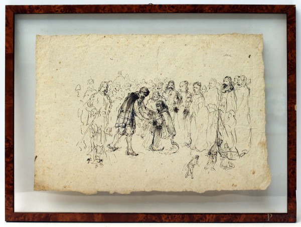 Maestro del XVIII sec., Figure, disegno a china su carta, cm 26x39, entro cornice.