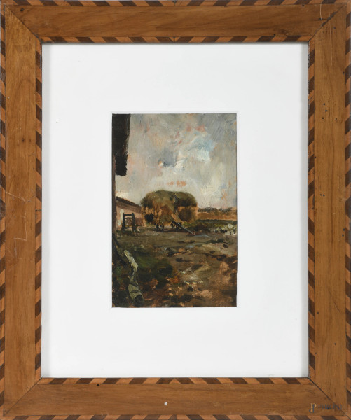 Carretto con fieno, XIX-XX secolo, olio su tavoletta, cm 19,5x12,5, iscritto al retro, entro cornice