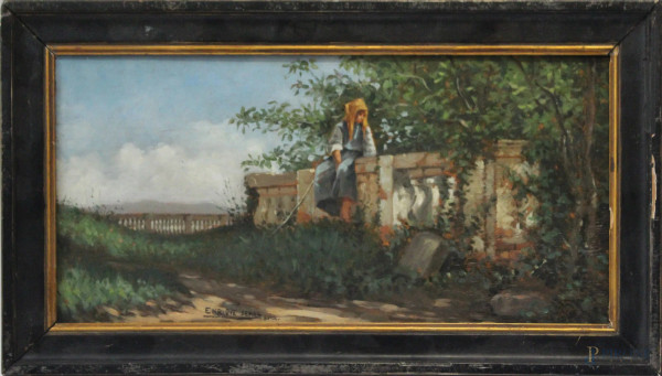 Veduta della campagna romana con contadina, olio su tavola, 17x35 cm, entro cornice firmato Enrique Serra 