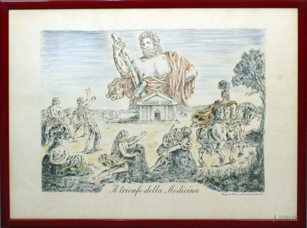 Da Giorgio De Chirico, Il trionfo della medicina, stampa a colori, cm 50x67, entro cornice.