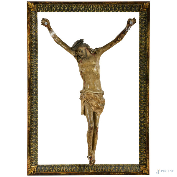 Cristo in papier machè fissato su plexiglass entro cornice, XIX secolo, misure totali cm 58,5x41, (difetti e rotture)