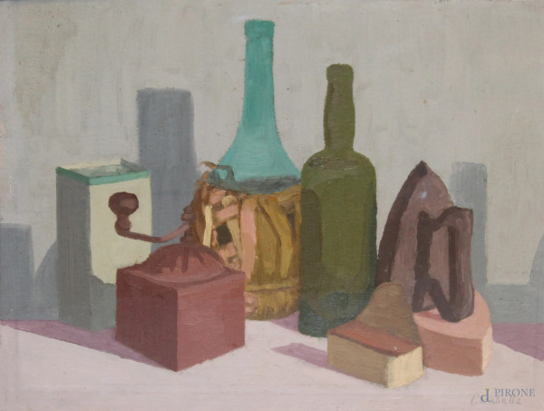 Umberto Carabella, Bottiglie, olio su faesite, cm 40x51, entro cornice.