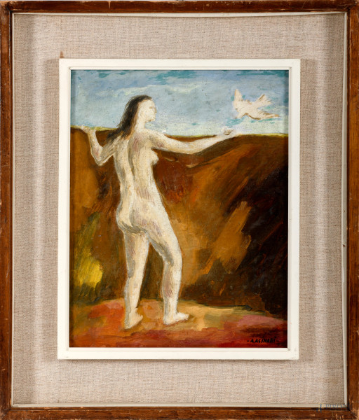 Figura, olio su cartone, cm 37x30, firmato in basso a destra, entro cornice