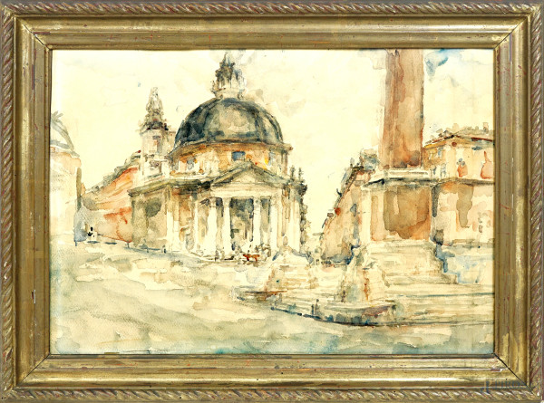 Giulio Brunacci - Piazza del Popolo, acquerello su cartoncino, cm 33x48, entro cornice