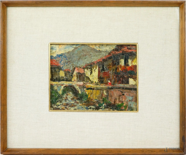 Casale in Valmalena, olio su tavola, cm 15x19,5, firmato G.Cinotti a tergo, entro cornice.