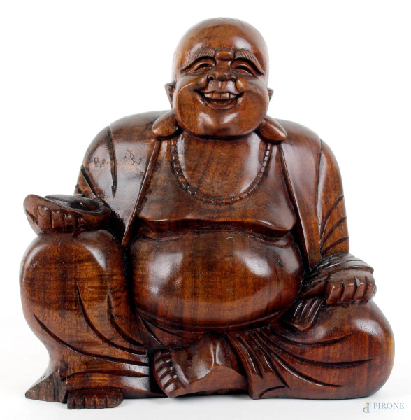 Buddha, scultura in legno di teak, altezza cm. 27, arte orientale, XX secolo.