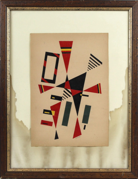 Astratto, tecnica mista su carta, cm. 28x19, XX secolo, siglato, entro cornice.(difetti)