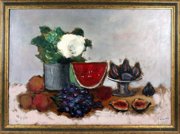 Giuseppe Succi - Natura morta-frutta, olio su tavola, cm 50x70, entro cornice