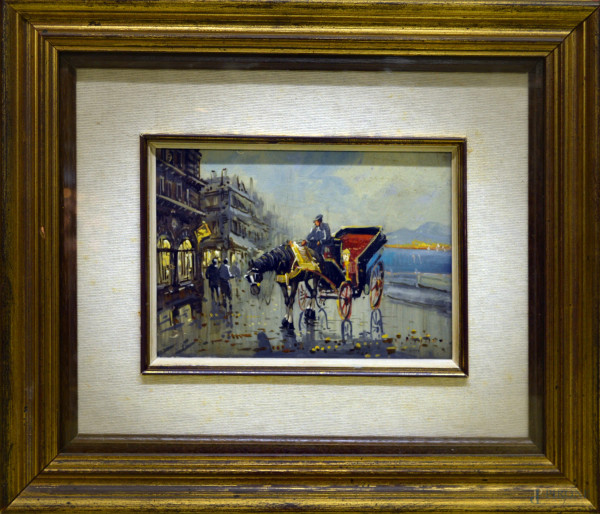 Scorcio di Napoli, olio su tavola, cm 18x13, entro cornice.