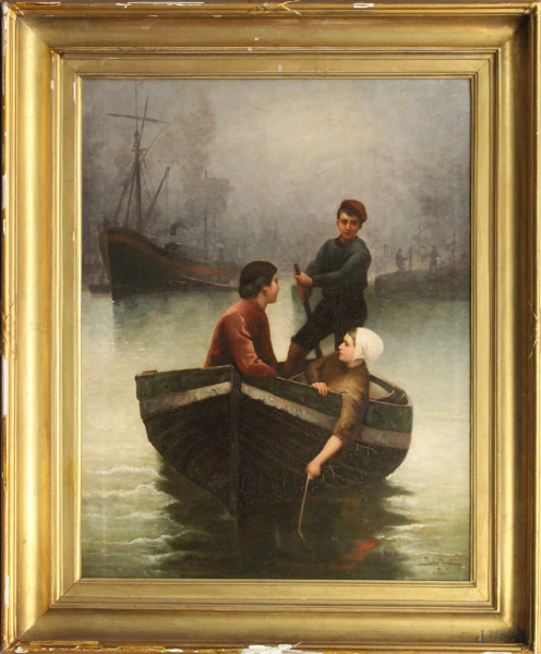 Lago con barca e personaggi, olio su tela 64x50 cm, entro cornice.