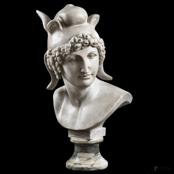 Busto in marmo raffigurante Mercurio, XX secolo, altezza cm 80 ca., (segni di usura, scalfiture)