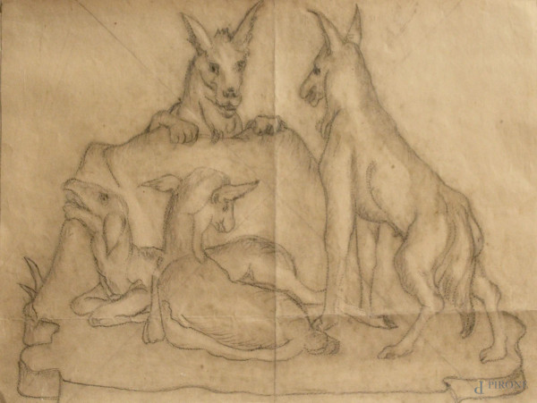 Bozzetto per affresco raffigurante animali, disegno su carta, primi &#39;900, cm 31 x 40.