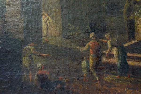 Paesaggio con rovine e figure in sosta presso una fonte, olio su tela, siglato e datato W.L.D 160...