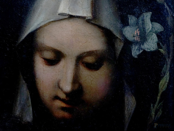 Scuola senese del XVI secolo, Madonna con il Bambino tra San Bernardino da Siena e Santa Caterina...