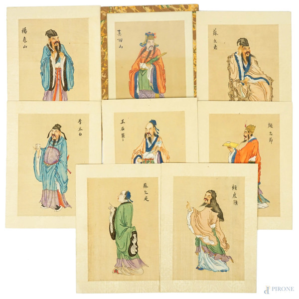 Otto miniature raffiguranti personaggi orientali dipinte su seta, recanti iscrizioni, cm 21x15,5, Cina, XX secolo, uno entro cornice, (lievi difetti).