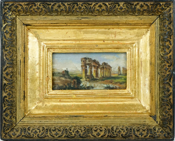 Acquedotto Claudio, olio su tela, cm 5,5x11,5 circa, XX secolo, entro cornice, (difetto sulla carta).