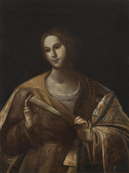 Ritratto di gentildonna con ventaglio, XVIII secolo, olio su tela, cm 99x71, entro cornice, (segni di usura, restauri)