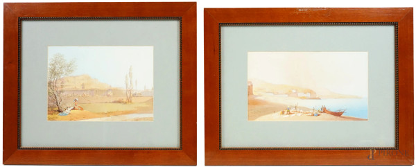 Coppia di acquarelli raffiguranti paesaggi con figure, cm 30,5x37, firmati, entro cornici.