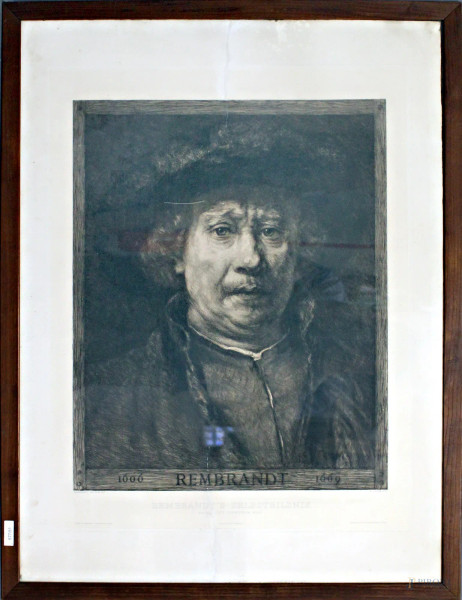 Ritratto di Rembrandt, vecchia incisione, cm 69 x 53, entro cornice.