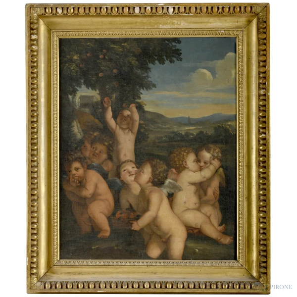 Baccanale di putti in paesaggio, olio su tela, cm 74,5x60, fine del XVIII - inizi del XIX secolo