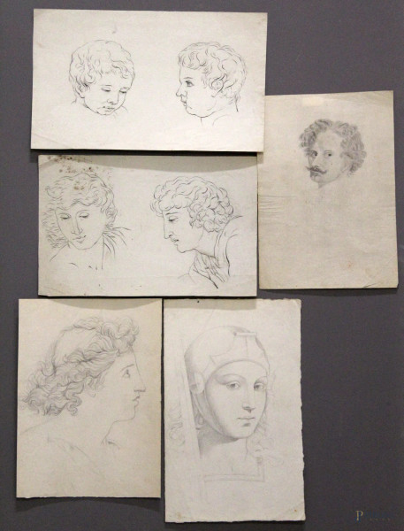 Lotto di cinque studi per volti di personaggi, disegni su carta, max 36x21 cm.