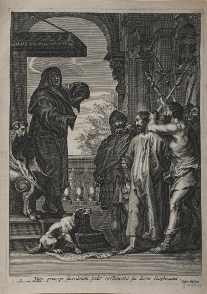 Cristo davanti a Caifa, XVIII-XIX secolo, cm 30x21,5, (segni di usura, tracce di umidità, gore, foxing, lacerazioni della carta, tracce di piegatura)
