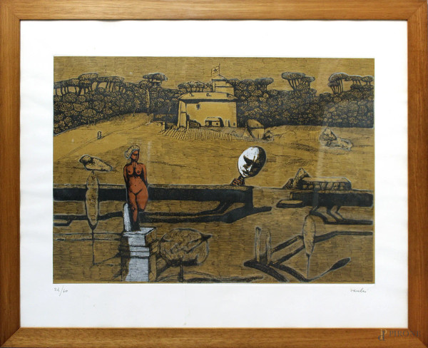 Sergio Vacchi - Paesaggio con casolare, litografia 24/60, 50x70 cm, entro cornice.