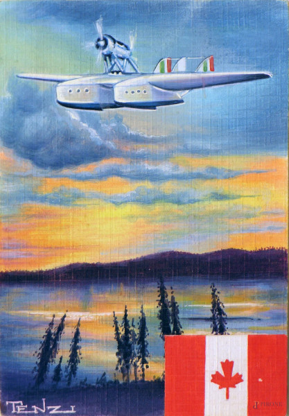 Aeropittore italiano del Novecento, Commemorazione volo transoceanico idrovolante Savoia Marchetti Italia-Canada, tempera su carta, cm 9x13, entro cornice, firmato