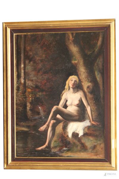 Nudo di donna nel bosco, olio su tavola, 54x40 cm, entro cornice