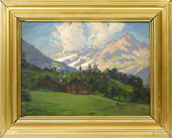 Paesaggio di montagna, olio su tavoletta, firmato in basso a sinistra, cm 26,8x36,5, entro cornice