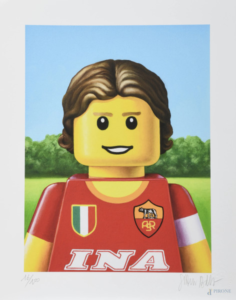 Stampa artistica raffigurante Francesco Totti come personaggio Lego, cm 37x30, es. 16/150, firmata in basso a destra