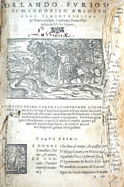 Orlando Furioso di M. Lodovico Ariosto, allo illustrissimo e  reverendissimo Cardinale Donno Hippolito da Este […], Venice Gabriele Giolito de' Ferrari, 1550, (difetti)