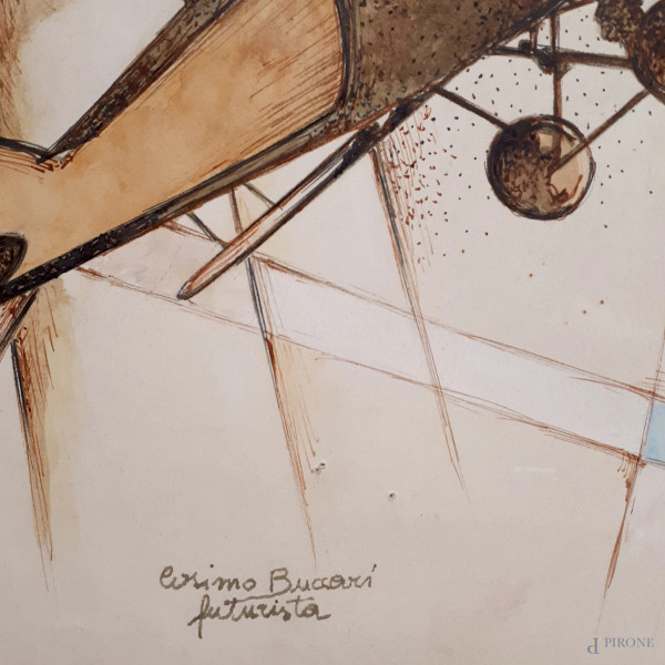 Cosimo Buccari (XX sec.) Aeropittura, tecnica mista su cartone, cm 42x27, firmato “Cosimo Buccari...